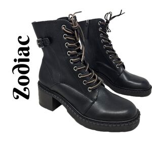 Zodiac Combat Women's Paxon Boots Sz 9.5M Black Faux Leather Lace & Zip Heeled